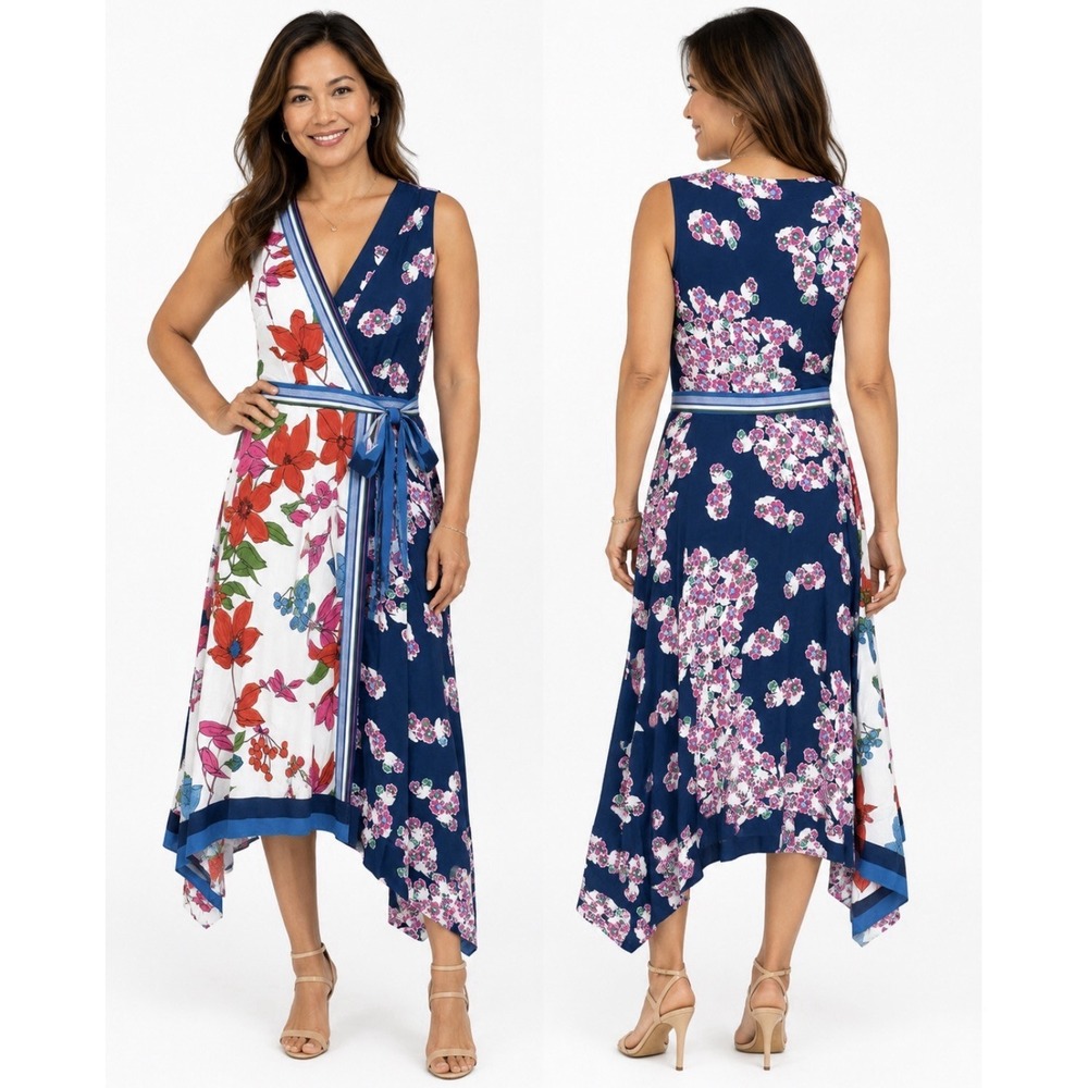 Maeve Anthropologie Botanica Faux Wrap Dress Womens Size 0 Midi Handkerchief Hem